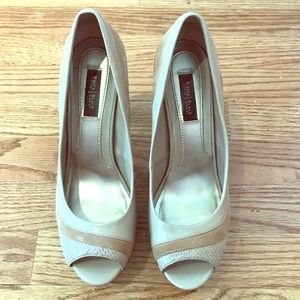 WHBM GUC Tan Peep-Toe Pumps